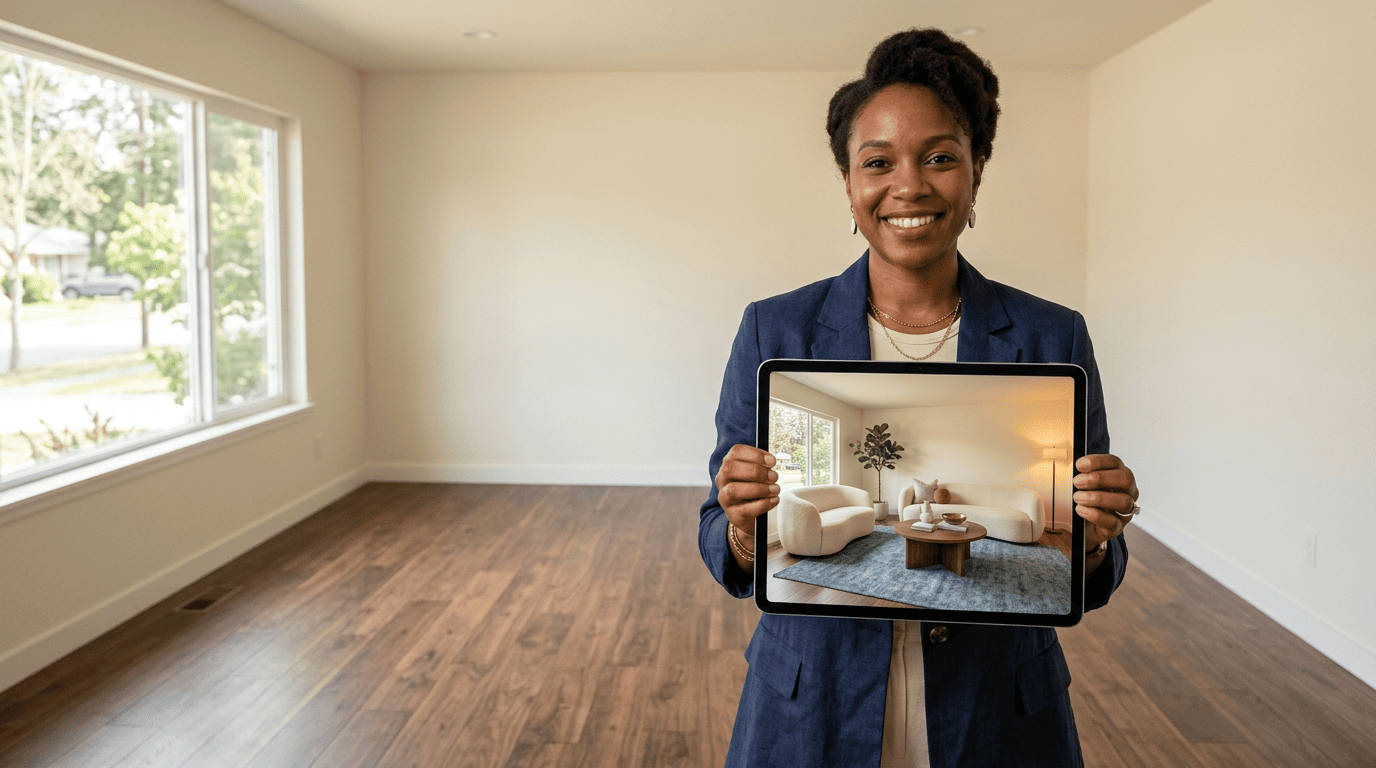 A real estate agent stands in an empty room holding a tablet that shows the same room virtually staged with furniture