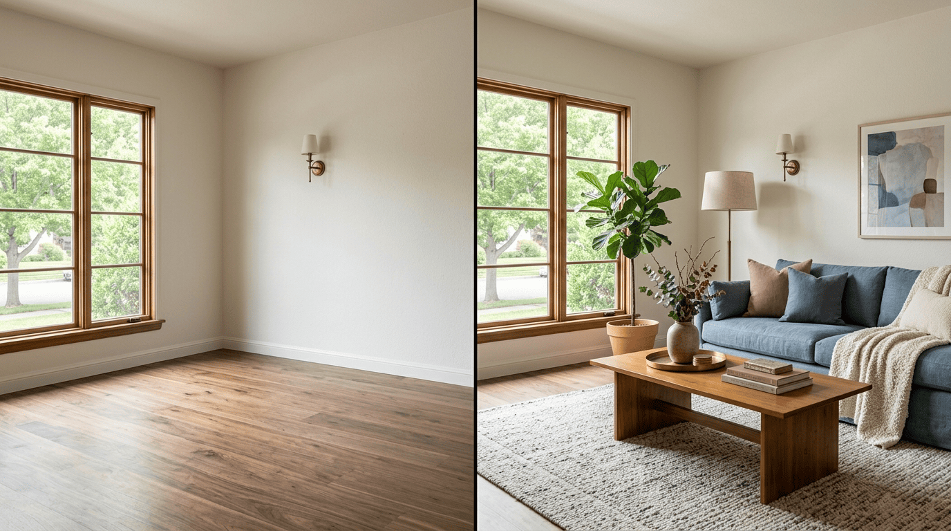 Side-by-side of the same living room shown empty and then virtually staged with a sofa, rug and plants
