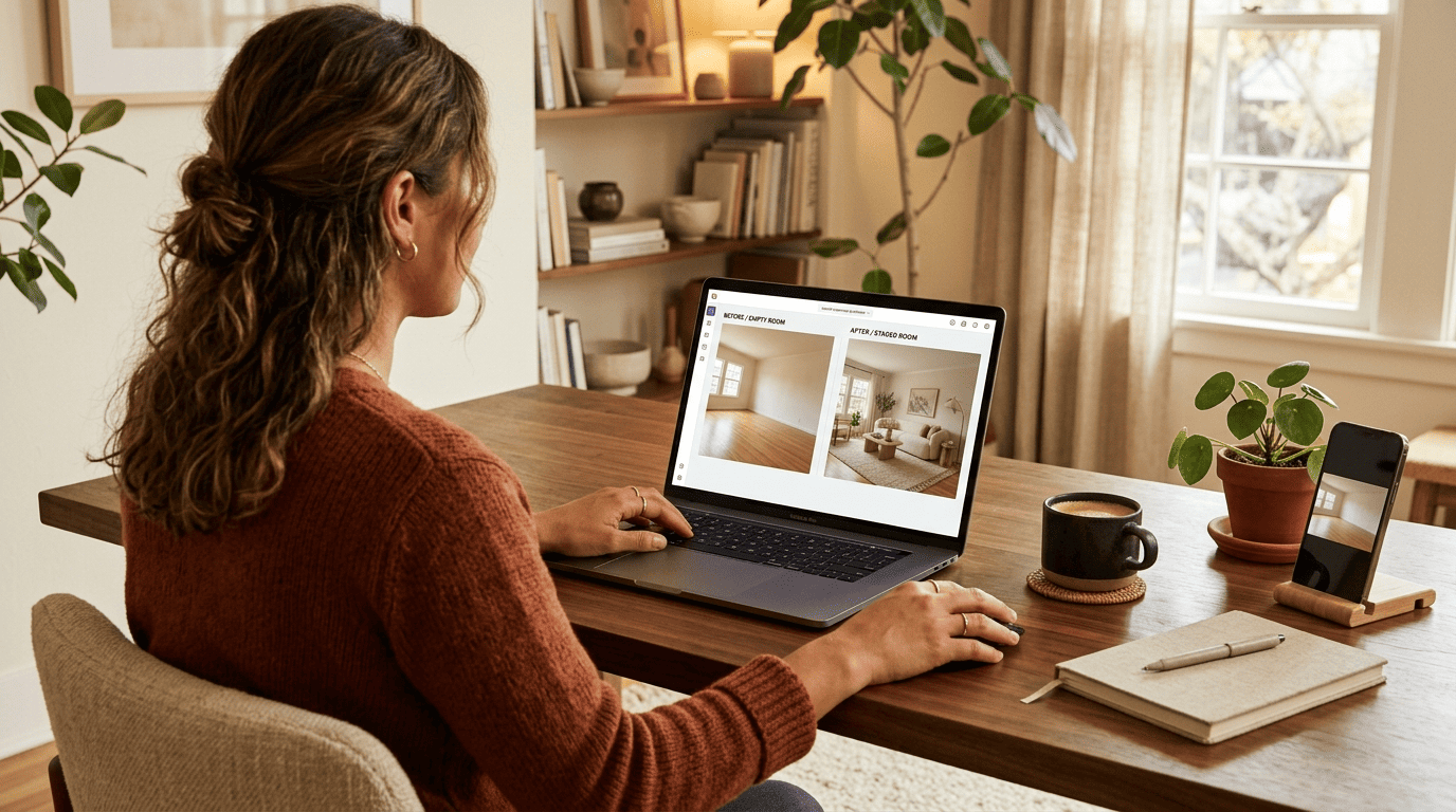 A person at a home desk using a laptop that shows an empty room photo next to its virtually staged furnished version