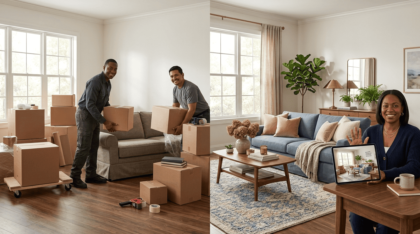 Split image comparing movers hauling physical furniture into an empty room versus an agent instantly staging the room on a tablet