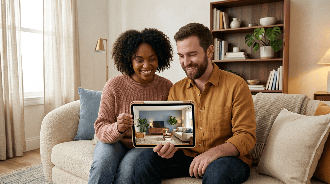 A couple on a couch smiling at a beautifully staged living-room listing photo on a tablet