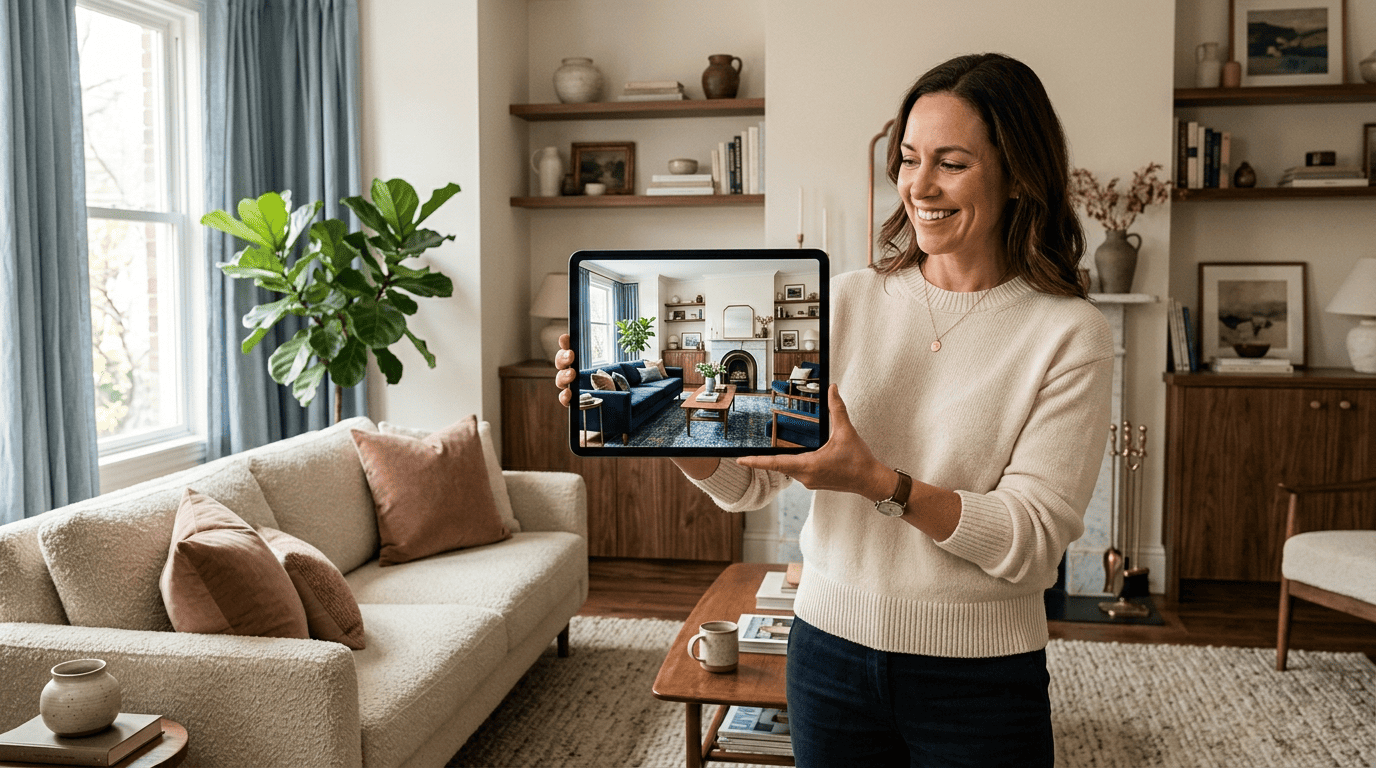A homeowner holds a tablet showing her living room restyled by AI while the walls and layout stay the same
