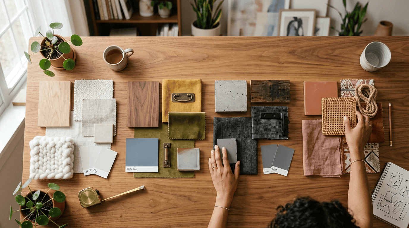 A flat-lay of material swatches grouped into Scandinavian, mid-century, industrial and bohemian style moodboards