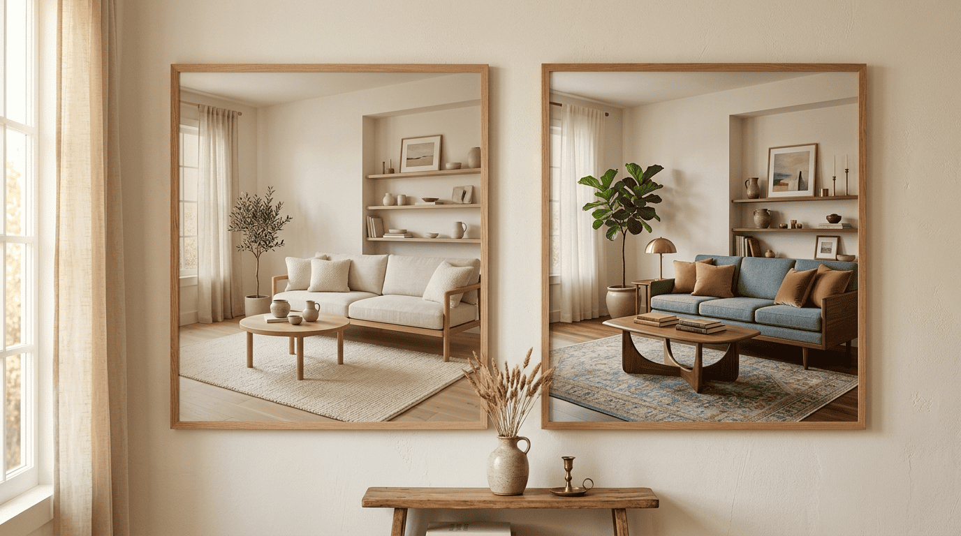 The same living room shown side by side in a light Scandinavian style and a warm mid-century modern style