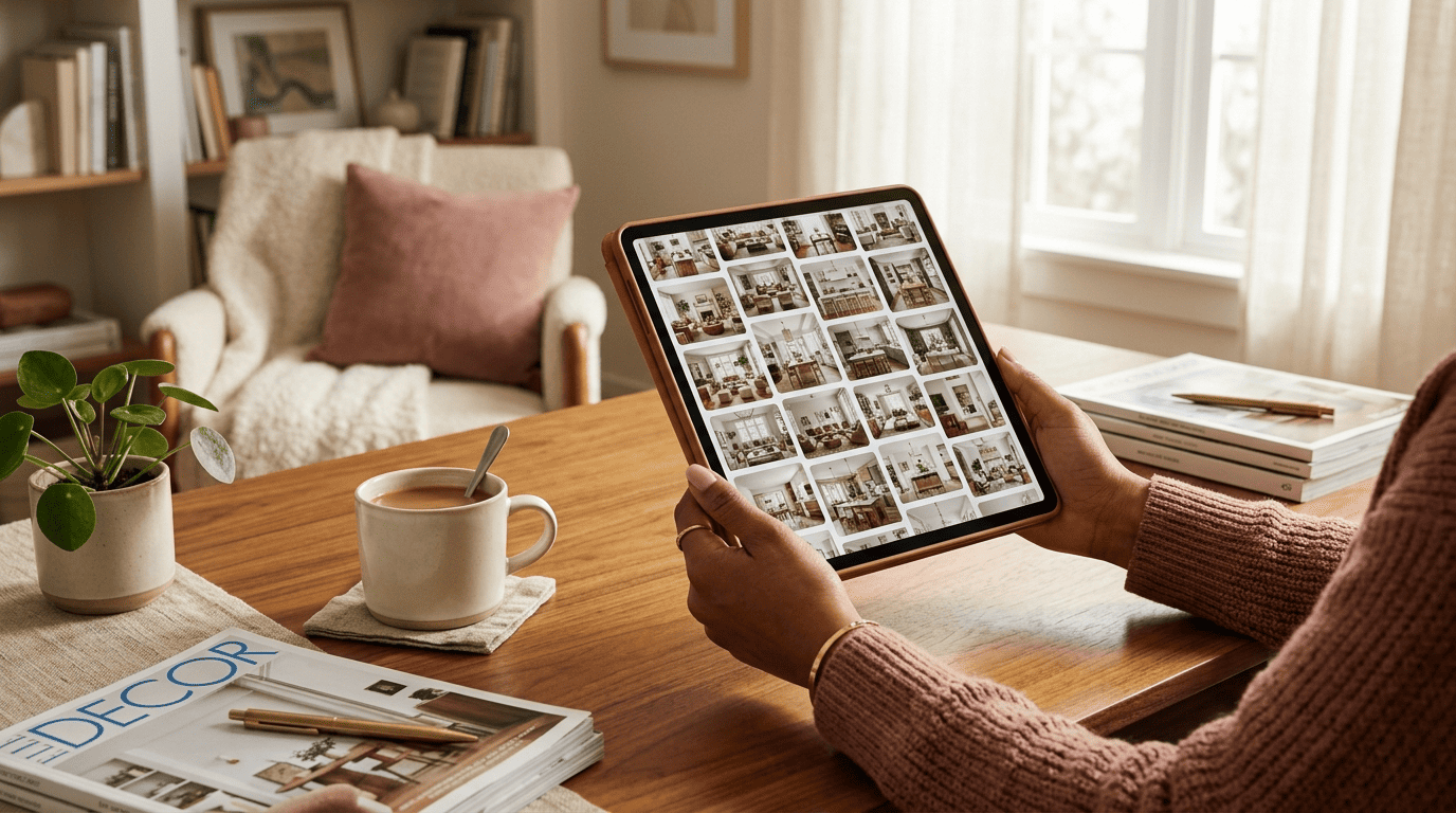Hands holding a tablet showing a grid of dozens of interior design style thumbnails