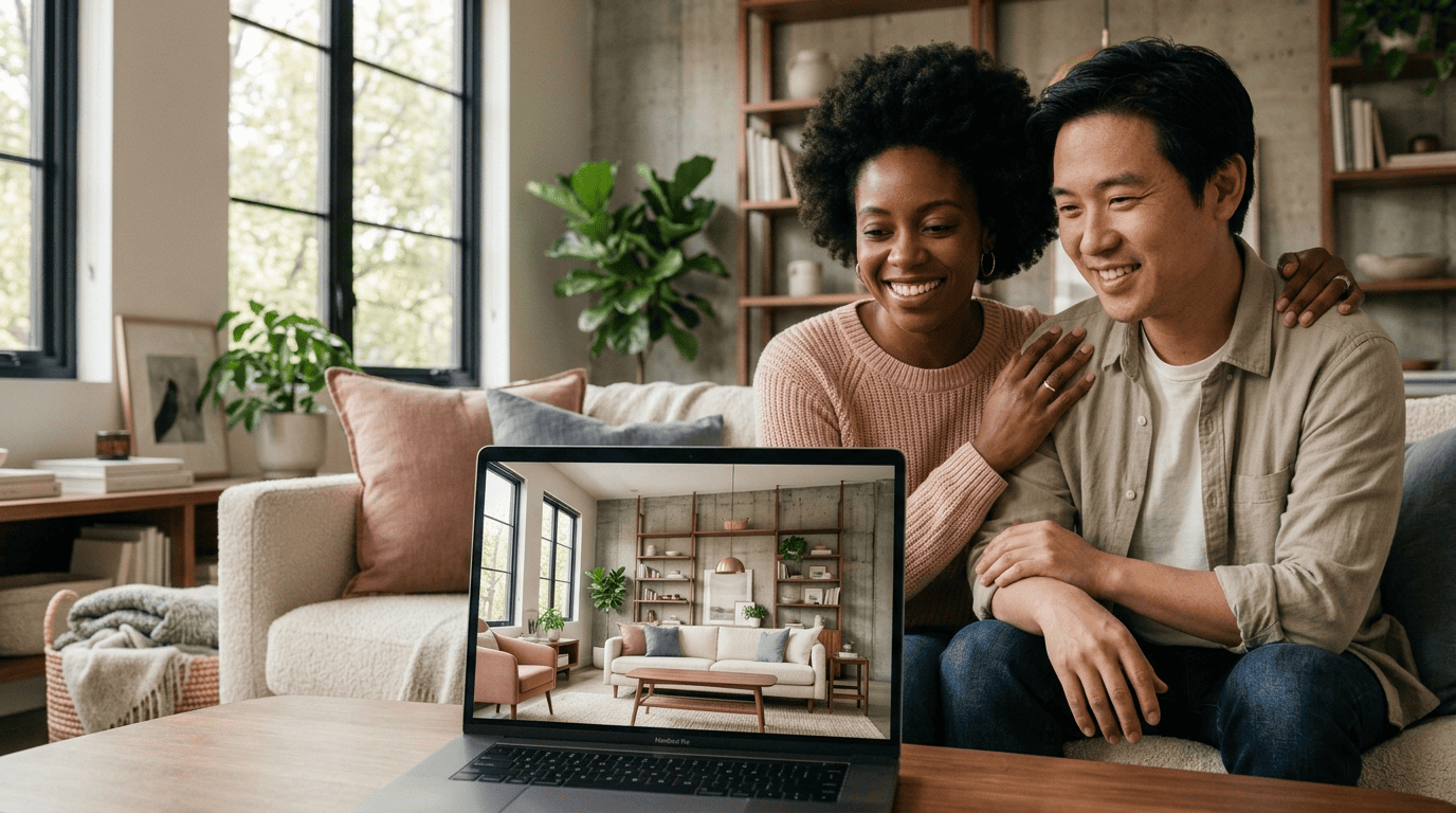 A couple viewing a laptop that shows their room redesigned as a Scandinavian-industrial hybrid style